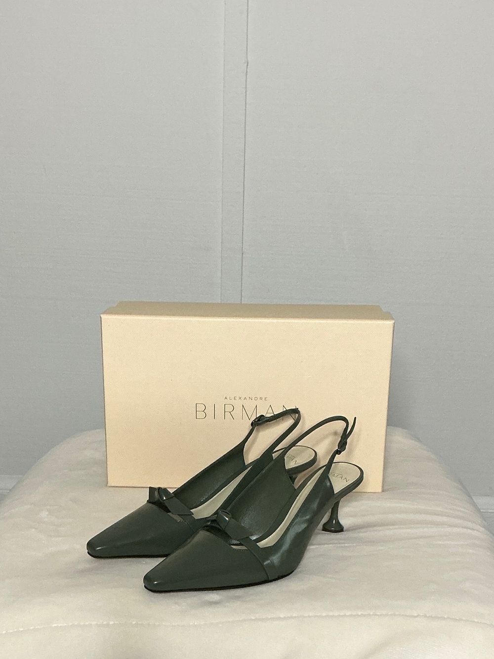 Alexandre Birman Clarita Olive Green Slingback Pointed-Toe Kitten Heels